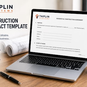 May include: A laptop displaying a Residential Construction Agreement template by Taplin Systems. The screen shows contract sections for parties and scope of work. A black pen, rolled blueprints, and a black mug with the company logo are present.