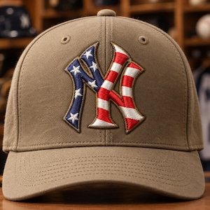 May include: A tan baseball cap featuring an embroidered New York Yankees logo on the front. The logo is split into two sections: the left side displays a blue background with white stars, and the right side features red and white horizontal stripes.