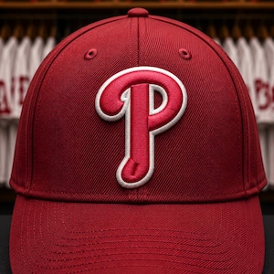 May include: A maroon baseball cap featuring a prominent embroidered letter P in red with a thick white outline on the front panel. The cap has a structured crown, a curved brim with visible stitching, and small ventilation eyelets at the top.