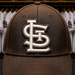 Puede incluir: Una gorra de béisbol marrón con un logotipo bordado en blanco de los St. Louis Cardinals en la parte delantera. La gorra tiene una corona estructurada, una visera curva con costuras visibles y ojales para la ventilación.