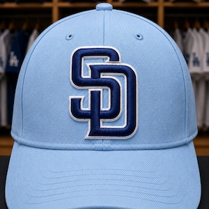 May include: A light blue baseball cap featuring the dark blue and white embroidered SD logo on the front. The cap has a structured crown, a curved brim, and stitched eyelets on the top panels. The design is clean and features a solid color.