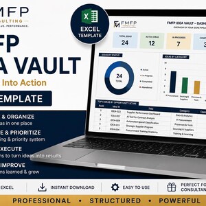 Peut inclure: Un ordinateur portable affichant le tableau de bord du modèle Excel FMFP Idea Vault, avec des graphiques, des indicateurs de statut et un tableau des cinq meilleures idées. L'écran présente des catégories, des scores et des priorités.