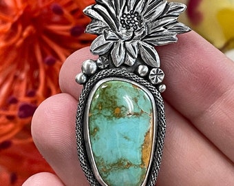 Southwest Royston Turquoise Cactus flower pendant handmade in sterling silver