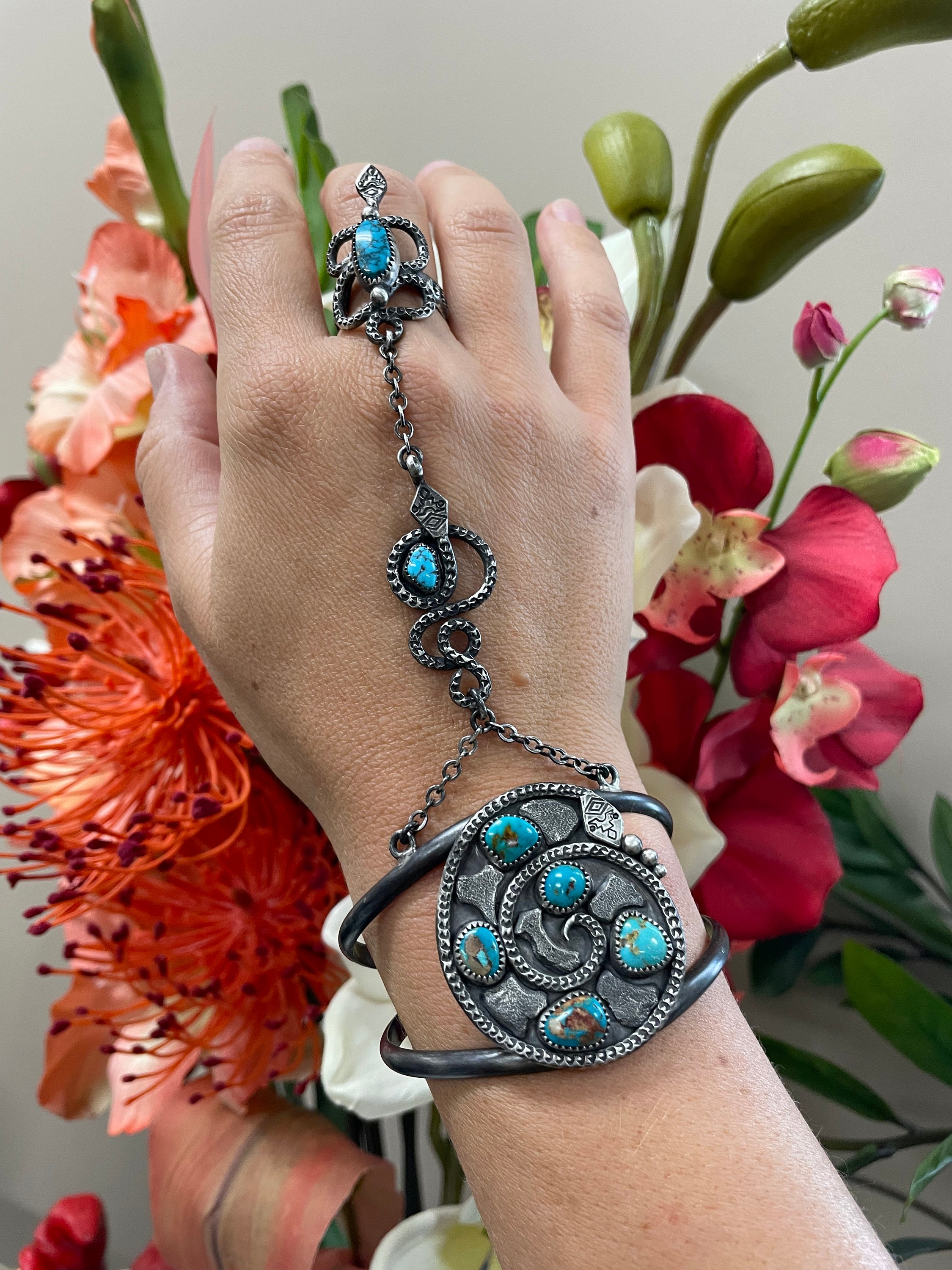 BR109* One of a Kind, Slave Bracelet w/Large Beautiful Turquoise,  Surrounded by Hand Tooled Silver. ring sz 9 | Oklahoma Native Art & Jewelry