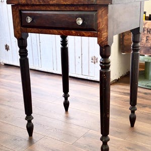 Authentic 1850s American Empire Drop Leaf Table - Antique Walnut Spool Leg Nightstand - Primitive Side Table Burled Wood