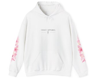 Roze hoodie met bloemenprint op de mouwen | Witte hoodie met minimalistische tekst op de borst