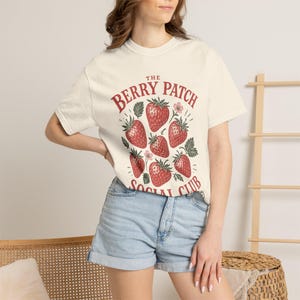 Berry Patch Social Club Graphic Tee, Sweatshirt, & Canvas Tote Bag (Vintage Strawberry Design)