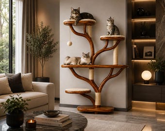 May include: A multi-level cat tree constructed from dark polished wood shaped like a tree with branches. It features several circular platforms topped with cream-colored fabric cushions, sisal-wrapped scratching posts, and a hanging toy ball.