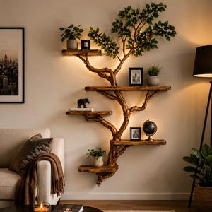 May include: A wall-mounted wooden shelf unit shaped like a tree with integrated LED lighting. The structure features five horizontal wooden planks for storage, adorned with green leaves, a small elephant figurine, a globe, and potted plants.