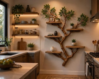 Houten boekenplank in de vorm van een boom | 140 cm hoog x 102 cm breed | 5 zwevende planken (elk 40 cm) | Handgemaakte rustieke wanddecoratie | Woonkamer & slaapkamer