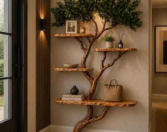 Grande mensola a muro a forma di albero / Libreria a forma di albero in legno fatta a mano / Mensola rustica sospesa / Decorazione murale ispirata alla natura / 55 x 45 pollici / Mensole 100 40 50