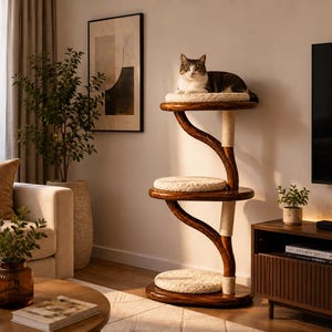 Puede incluir: Un árbol para gatos de varios niveles con una estructura de madera curva de color marrón oscuro y tres plataformas circulares. Cada plataforma tiene un cojín grueso de color crema con textura. Incluye postes rascadores de sisal.