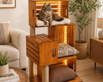 居心地の良い家が付いた木製キャットツリー、多層キャットタワー、室内用キャット家具、爪とぎポール、素朴なキャットコンド、手作りのキャットハウス