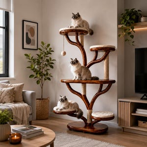May include: A multi-level cat tree with a dark wood finish, featuring five circular platforms topped with cream-colored fabric cushions. The structure has a branching design with sisal-wrapped scratching posts and a hanging ball toy.