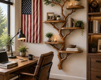 Grande mensola a muro a forma di albero con 5 ripiani galleggianti, libreria rustica in legno a forma di albero, decorazione da parete fatta a mano con rami d'albero, mensola da parete ispirata alla natura, 50