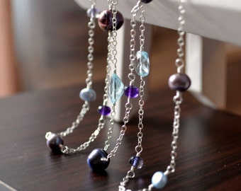 Long Silver Necklace, Pearl, Amethyst Iolite Gemstones, Boho Bride, Wedding Jewelry - Silver Peacock - Made to Order - Free Shipping