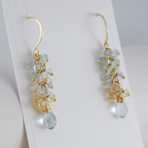 Pastel Aquamarine Earrings, Gemstone Cluster, March Birthstone, Gold Wedding Jewelry, Made to Order Forget Me Not Free Shipping image 3