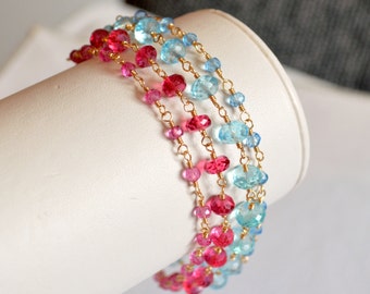 Multistrand Bracelet, Gold Filled, Multi Strand, Blue and Hot Pink Quartz, Bridal Jewelry - Tropical Punch - Free Shipping