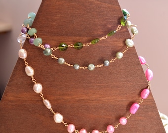 Long Layering Necklace in Pink and Green, Rose Quartz Gemstone, Aventurine, Freshwater Pearl, Gold Bridal Jewelry - Changing Spring
