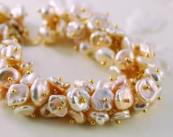 Freshwater Pearl Bridal Bracelet, Keishi Keshi Cluster, Peach, Gold Wedding Jewelry - Champagne Bubbles - Free Shipping