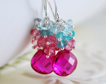 Bright Wedding Earrings, Hot Pink Quartz Apatite Blue Topaz Cluster, Sterling Silver Gemstone Jewelry - Summer Bouquet - Free Shipping