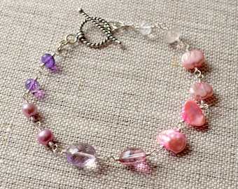 Gemstone Bracelet, Orchid Purple, Pink Amethyst Topaz Rose Quartz Freshwater Pearl, Bridal Jewelry - Changing Bouquet - Free Shipping