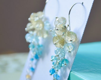 Long Cluster Earrings, Lemon Quartz Gemstone, Real Blue Topaz, Aqua Apatite, Wedding Jewelry - Trailing Forget Me Not - Free Shipping