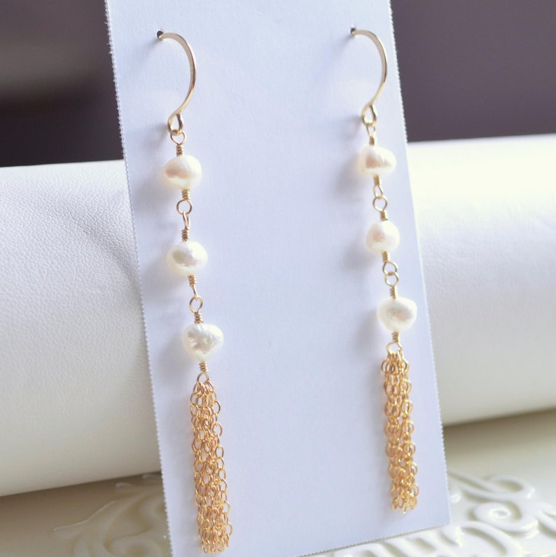 Long Pearl Earrings, Bridal Jewelry, Sterling Silver or Gold Tassels, Bohemian Style, Genuine White Freshwater Boho Free Shipping image 3