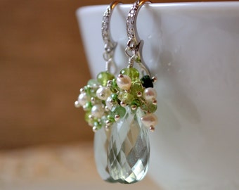 Green Amethyst Earrings, Pearl Peridot Tourmaline Clusters, Sterling Silver Bridal Jewelry, Made to Order - Spring Greens - Free Shipping