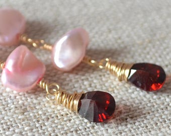 Long Pink Pearl Earrings, Genuine Garnet Gemstones, Bridal Jewelry, Gold Filled, Genuine Keshi Pearls - Long Romance - Free Shipping