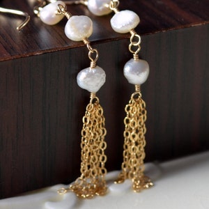 Long Pearl Earrings, Bridal Jewelry, Sterling Silver or Gold Tassels, Bohemian Style, Genuine White Freshwater Boho Free Shipping image 4