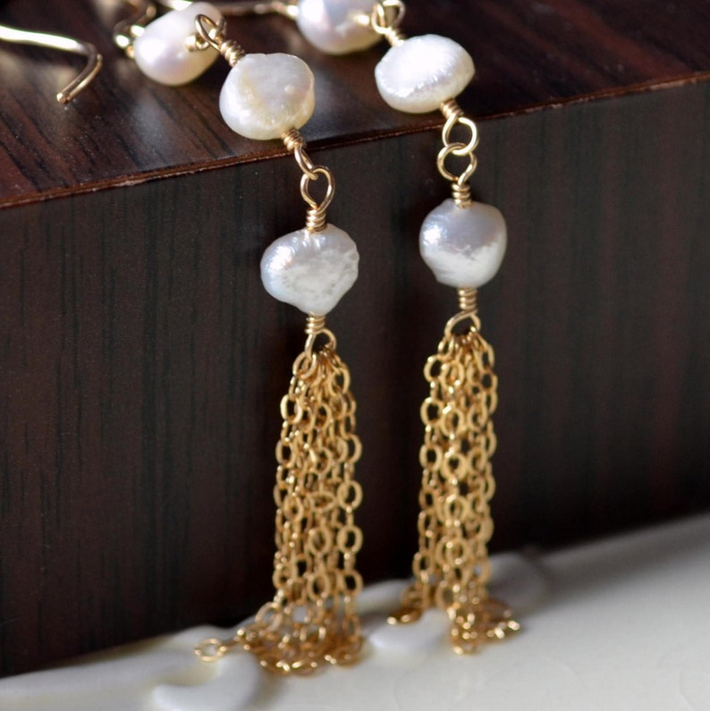 Long Pearl Earrings, Bridal Jewelry, Sterling Silver or Gold Tassels, Bohemian Style, Genuine White Freshwater Boho Free Shipping image 4