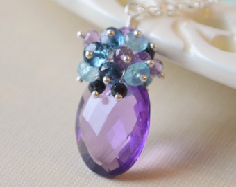 Gemstone Necklace, Peacock Colours, Genuine Amethyst, Apatite, London Blue Topaz, Sterling Silver - Purple Peacock - Free Shipping