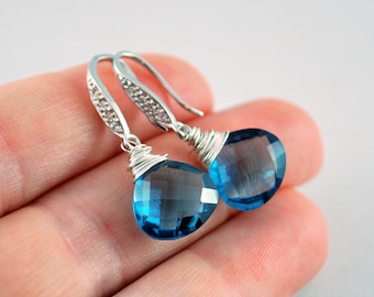 Wedding Earrings, London Blue Quartz, Gemstone, Bridal Jewelry, CZ, Wire Wrapped, Sterling Silver - Blue Ice - Free Shipping