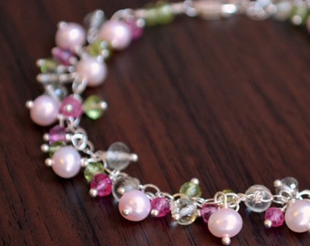 Spring Wedding Bracelet, Sterling Silver, Peridot Green Amethyst Gemstone, Pink Freshwater Pearl Jewelry - Rosebud - Free Shipping