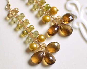 Luxe Gold Statement Earrings, Olive Green Grossular Garnet Jewelry, Gemstones, Fall Bridal Jewelry, Autumn Wedding - Falling Leaves