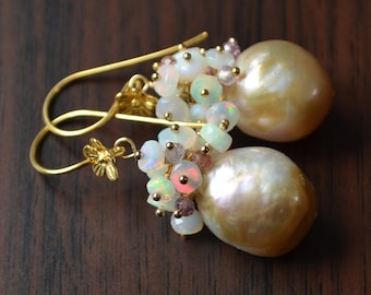 Opal Cluster Earrings, Large Freshwater Pearls, Genuine Gemstones, Spring Wedding Jewelry, Gold Vermeil - Lavender Blossoms - Free Shipping