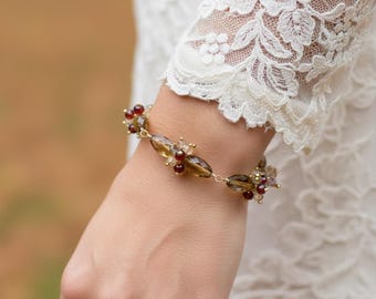 Gemstone Bracelet Fall Wedding Jewelry Cognac Quartz Red Garnet Gold Autumn - Fireside - Complimentary Shipping