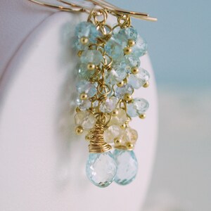 Pastel Aquamarine Earrings, Gemstone Cluster, March Birthstone, Gold Wedding Jewelry, Made to Order Forget Me Not Free Shipping image 1