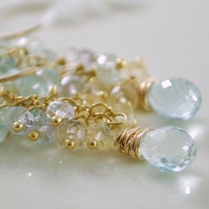 Pastel Aquamarine Earrings, Gemstone Cluster, March Birthstone, Gold Wedding Jewelry, Made to Order Forget Me Not Free Shipping image 2