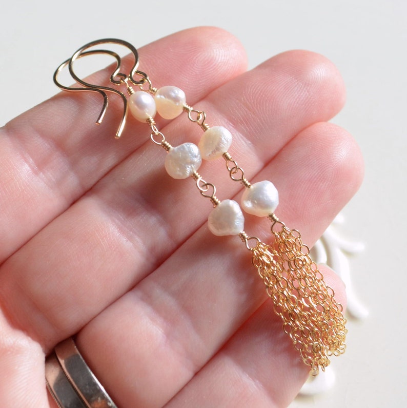 Long Pearl Earrings, Bridal Jewelry, Sterling Silver or Gold Tassels, Bohemian Style, Genuine White Freshwater Boho Free Shipping image 5