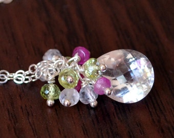 Spring Bridal Necklace, Crystal Quartz Peridot Pink Ruby Cluster, Sterling Silver, Gemstone Jewelry - Spring Thaw - Free Shipping