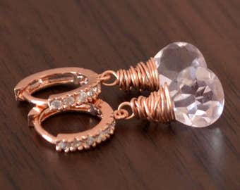 Rose Gold Earrings, Morganite Quartz, Blush Pink Gemstone Jewelry, Huggie, CZ Cubic Zirconia, Made to Order - Pink Ice - Free Shipping