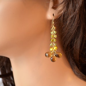 May include: Gold dangle earrings featuring a cascade of green and yellow gemstone beads, culminating in a cluster of brown teardrop-shaped stones.
