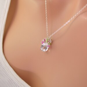 Spring Bridal Necklace, Crystal Quartz Peridot Pink Ruby Cluster, Sterling Silver, Gemstone Jewelry - Spring Thaw - Free Shipping
