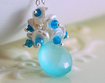 Gemstone Necklace Aqua Chalcedony Bright Blue Apatite Bridal Jewelry Sterling Silver Garden Wedding - Dewdrop - Free Shipping