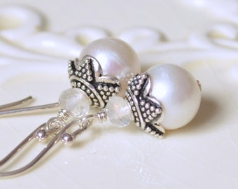 Pearl Bridal Earrings, Sterling Silver, Rainbow Moonstone Gemstone, Wedding Jewelry - Elegance - Free Shipping