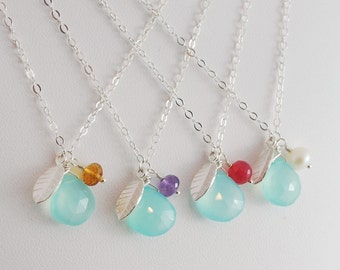 Bridesmaid Necklaces, Aqua Chalcedony Gemstone, Sterling Silver Leaf, Wedding Jewelry, Free Shipping