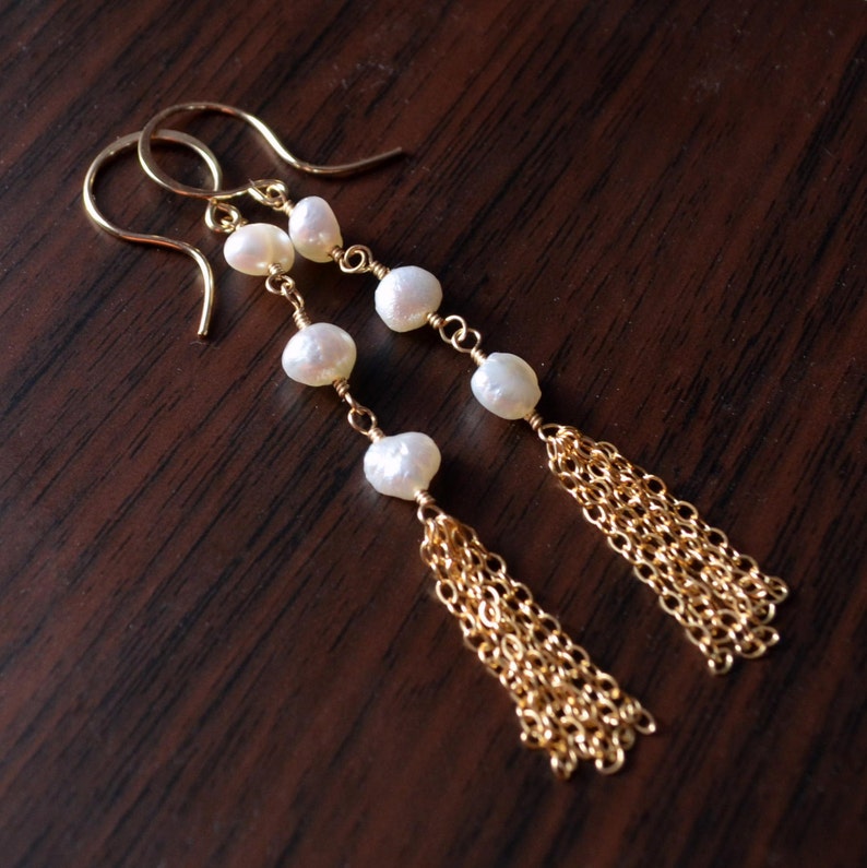 Long Pearl Earrings, Bridal Jewelry, Sterling Silver or Gold Tassels, Bohemian Style, Genuine White Freshwater Boho Free Shipping image 1