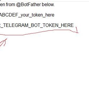 May include: A computer screen displaying a text file with code configuration. The text reads: # Paste your Telegram bot token from @BotFather below, # Example: # BOT_TOKEN=123456789:ABCDEF_your_token_here, BOT_TOKEN=PASTE_YOUR_TELEGRAM_BOT_TOKEN_HERE.